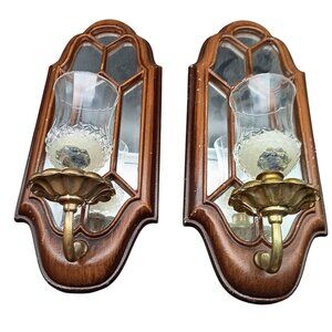 Vintage Wooden & Brass Mirrored Wall Sconce Candle Holders Set Of 2